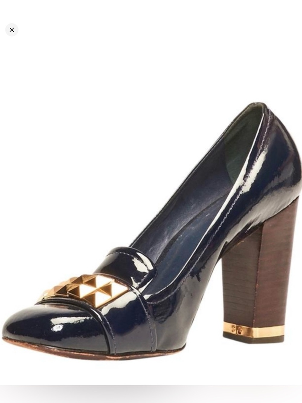 Tory Burch Navy Patent Block Heel Pump with Gold Pyramid Accent